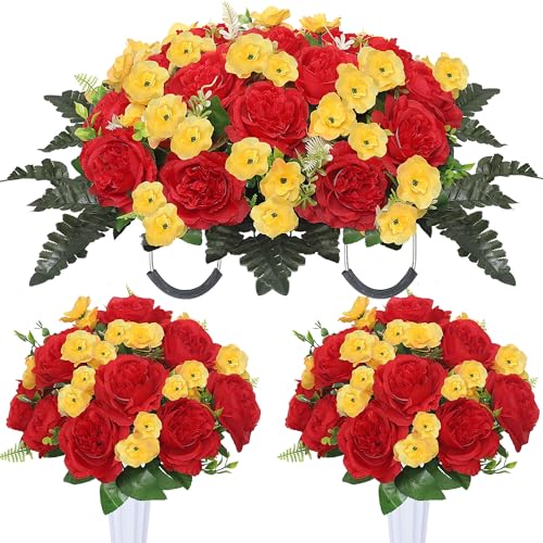 Grave Decorations for Cemetery Headstone Flower Saddle 2PC Artificial Peony Flowers with Vases for Cemetery Decorations(Red Yellow) - color: Red Yellow