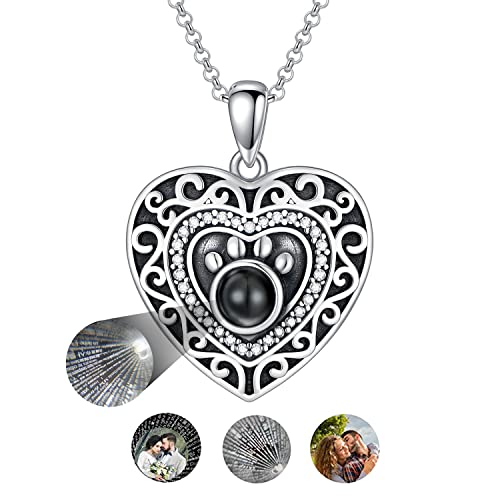 Filigree Dog Paw Urn Locket Necklace 925 Sterling Silver Print Pet Urn Necklace for Ashes Engraved Personalized Cremation Jewelry Pictures Keepsake Memorial Gifts for Women Men - style: D Projection Necklace+Photos
