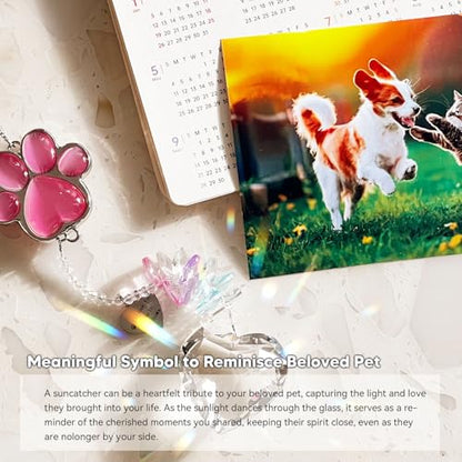 Dog Memorial Gifts, Pet Memorial Suncatcher, Loss of Dog Sympathy Gift | Thoughtful Dogs and Cats Bereavement Remembrance Gifts, Natural Cat's Eye Stone Paw Crystal Suncatcher - color: Pink
