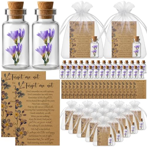50 Set Funeral Favors, Mini Glass Bottles with Forget-me-not Dried Flowers, Sympathy Cards and Gift Bags, Memorial Gift Set for Guest Remembrance Keepsakes Celebration of Life Favors