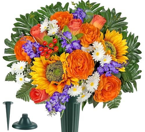Artificial Cemetery Flowers for Grave Vase - Gravesite Flowers,Fade-Proof Headstone Decorations with Sunflower Rose Lavender Mix Bouquet