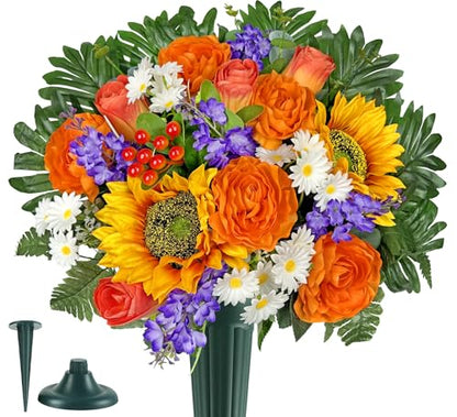 Artificial Cemetery Flowers for Grave Vase - Gravesite Flowers,Fade-Proof Headstone Decorations with Sunflower Rose Lavender Mix Bouquet