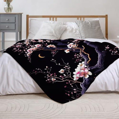 Japanese Cherry Blossoms Fleece Throw Blanket, Blankets for Couch 50"×60" - color: Japanese Cherry Blossoms