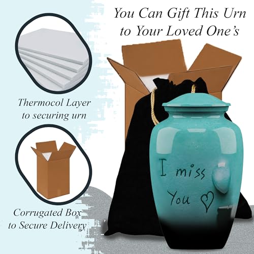 Forever URNS Adult Cremation Funeral Urn with Printed I Miss You Theme for Human Ashes of Female & Male | 200 cu in | Large | Sea Green | Completely Handcrafted with Velvet Protection Bag