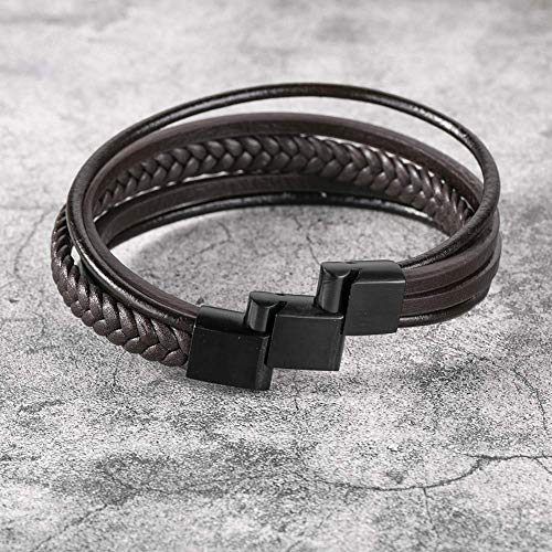 Mens Leather Bracelet with Clasp Cowhide Multi-Layer Braided Leather Mens Bracelet - style: brown leather&black clasp&8.3