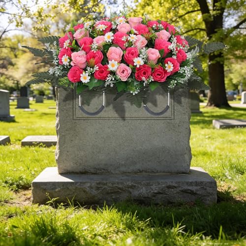 Wocst Headstone Flower Saddle,Large Artificial Cemetery Flowers for Grave Artificial Roses Daisy Saddle for Cemetery Headstone (Pink) - color: Pink
