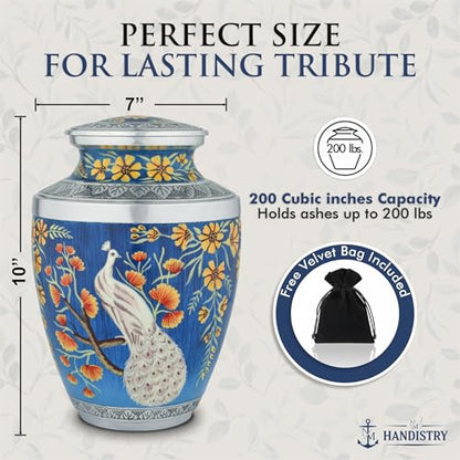 Elegant Peacock Cremation Urn for Human Ashes Adult – Blue Floral Memorial Urn for Men & Women, Handcrafted Metal Funeral Urn, Secure Lid, 200 Cubic Inches - size: 10.1 Inch