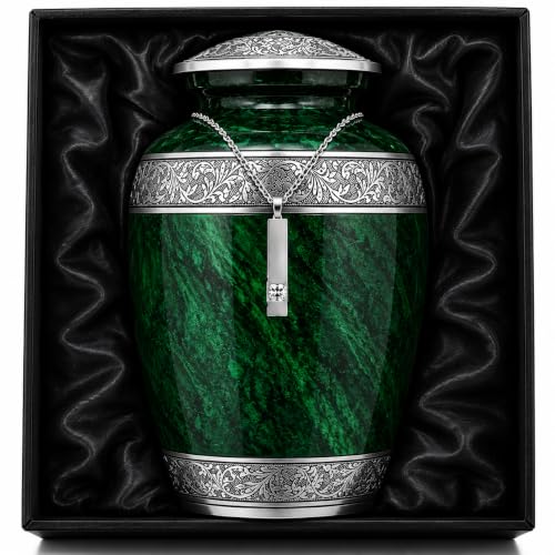 Hand-Engraved Green Urn for Ashes for Women & Men with Ash Pendant & Velvet Bag | Green Marble Finish Metal Cremation Urns for Human Ashes Adult Man | Elegant Burial & Funeral Urn, Large, 220lbs - color: Green, size: Large