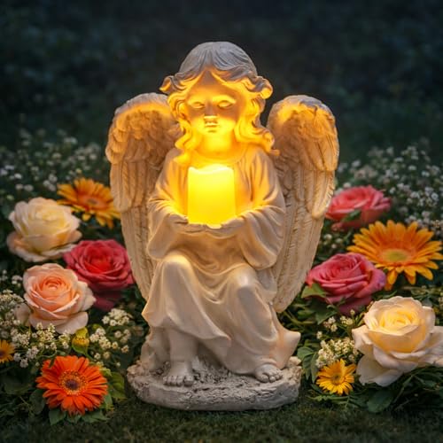 TIALLY Solar Angel Garden Statue, 12" Guardian Memorial Outdoor Light | Bright all-night warm candle glow, true-to-size 12in, weatherproof resin built to last - no dim lights or dead battery - size: Large