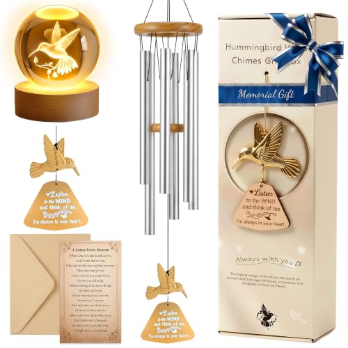 Memorial Wind Chimes with Hummingbird Crystal Ball, Sympathy Wind Chimes | Memorial Wind Chimes for Loss of Loved One with Sympathy Cards, Memorial Gift for Loss of Loved One Windchimes Remembrance