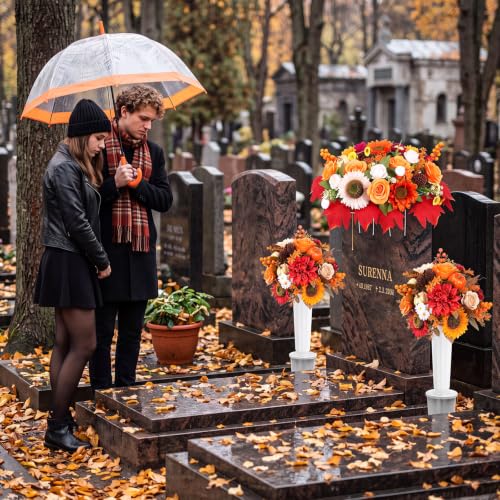 Giegxin 3 Pcs Fall Headstone Flower Saddle Cemetery Grave Flower Sunflower | Pumpkin Sunflower Maple Leaves Rose Pine Cone, Autumn Artificial Memorial Flower with Vase, Thanksgiving Floral Arrangement - color: Red, Orange, style: Sunflower Mum Pumpkin