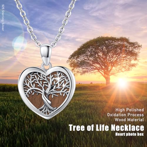 Tree of Life Locket Necklace That Hold Pictures Sterling Silver with Abalone Shell Family Tree Pendant Necklace Memorial Photo Heart Necklace Jewelry Xmas Gifts for Women - style: Ebony Wooden Tree of Life Necklace