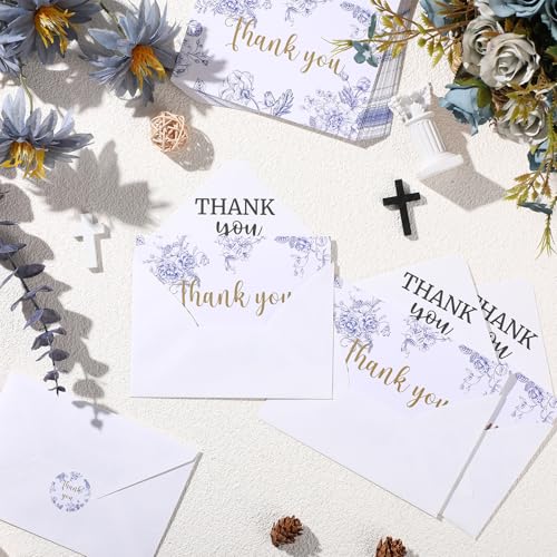 Fumete 50 Set Funeral Thank You Cards, Blue Floral | with Envelopes and Sticker Thank You Sympathy Card with Message Bereavement for Funeral Family Loved Ones Celebration of Life - style: Blue Floral