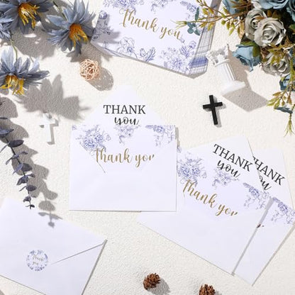 Fumete 50 Set Funeral Thank You Cards, Blue Floral - style: Blue Floral