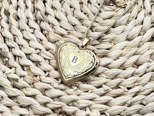 GOKING Love Heart Memory Locket Necklace Holds Pictures for Women - color: Letter B