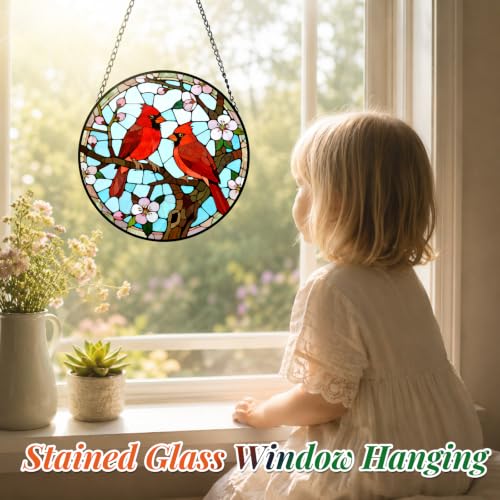 Cardinal Pair Stained Glass Suncatcher Window Hanging Bird Memorial Gift - color: Cardinals, size: 6.3x6.3 IN