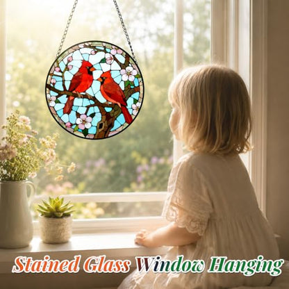 Cardinal Pair Stained Glass Suncatcher Window Hanging Bird Memorial Gift - color: Cardinals, size: 6.3x6.3 IN