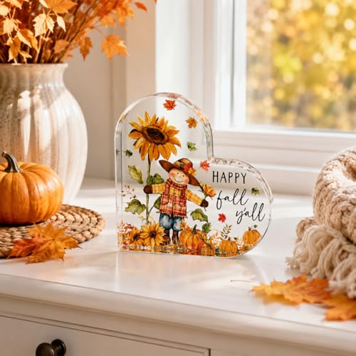 Smile Fall Thanksgiving Acrylic Tabletop Plaque, Happy Fall Y'all Scarecrow Sunflower Pumpkin Maple Leaf Themed Rustic Farmhouse Tiered Tray Sign for Home Kitchen Decor - style: Fall