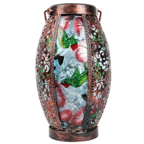 Hanging Solar Lantern Waterproof Garden Light Hummingbird-New | Glass & Metal, Tabletop Light with Hollowed-Out Design for Garden Patio Table Decor, Gifts for Friends and Family - style: Hummingbird+Flower