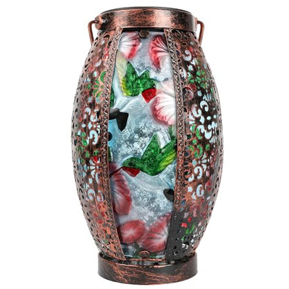 Hanging Solar Lantern Waterproof Garden Light Hummingbird-New | Glass & Metal, Tabletop Light with Hollowed-Out Design for Garden Patio Table Decor, Gifts for Friends and Family - style: Hummingbird+Flower