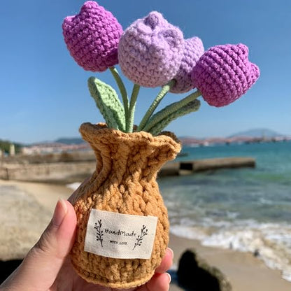 Tulip Crochet Flower Potted Plant Handmade Desk Decor Gift - color: D-tulip-purple