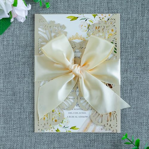 20 PCS Butterfly Quinceanera Invitation, Laser Cut Invitation Cards | 5.12x7.2" Champage Butterfly Quinceanera Invitation with Envelopes for XV Anos Bridal Shower Baby Shower Invite - color: Shinny Champagne