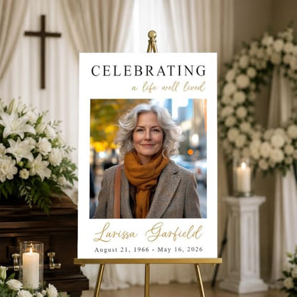 Personalized Funeral Welcome Sign with Photo for Celebration of Life #10 | Elegant Celebration Tribute Canvas Display, Celebration Tribute Board, Forever In Our Hearts Keepsake for Loved Ones - color: Version #10