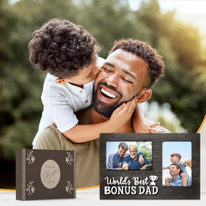 Gifts for Bonus Dad Fathers Day, Bonus Dad Gifts from Bonus Son Daughter 3D Photo Frame Hold 4x6 Inches Two Photos, World's Best Bonusdad Gift Gag Birthday Gift for Him on Father's Day - color: Bonus Dad