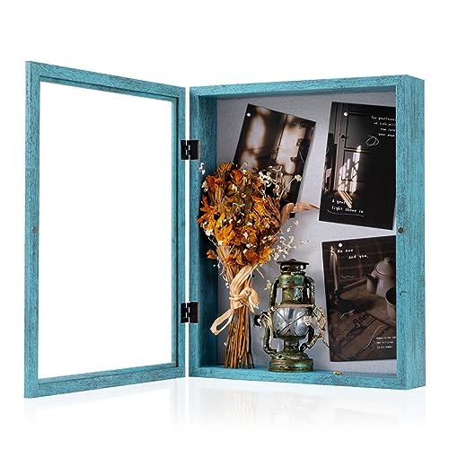 Muzilife 11x14 Shadow Box Picture Frame, 2.16 Deep, HD Glass, Rustic Blue | FSC-Wood, Magnetic Door, Linen Interior & Pins, Vertical, Horizontal Wall Hanging, Display Case Frame for Photos & Keepsakes - color: Rustic Blue, size: 11x14