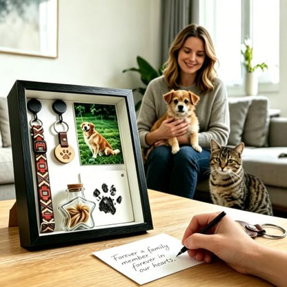 10x8 Pet Memorial Shadow Box with Paw Print Kit-Wooden Dog&Cat Memory Box for Loss of Pet Collar&Photo Display Pet Hair Fur Jar Wall Mount or Desktop Sympathy Gift Keepsake for Pet Lover Remembrance