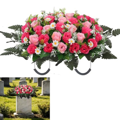 Wocst Headstone Flower Saddle,Large Artificial Cemetery Flowers for Grave Artificial Roses Daisy Saddle for Cemetery Headstone (Pink) - color: Pink