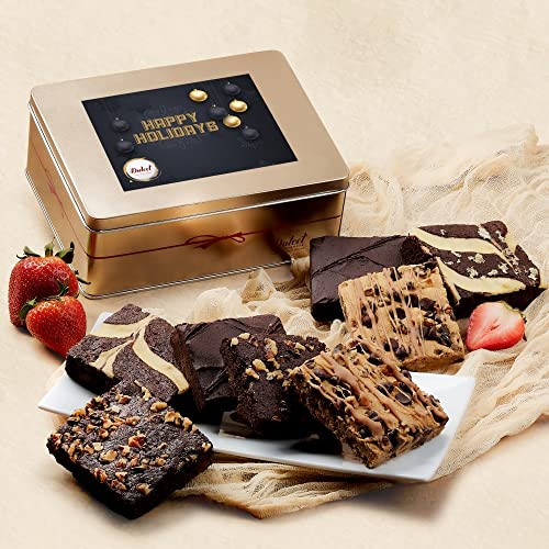 Holiday Gift Baskets - 18 Individually Wrapped Brownies Freshly Baked in a Variety of Flavors - Dulcet's Signature Flavored Fudge Brownies Christmas Gift Baskets for Families - Gift Box Comes with Season Greetings Card - style: Holiday