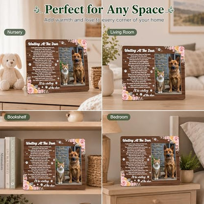 Pet Dog Cat Memorial Photo Frame - Waiting At The Door Dogs Wooden Tabletop Picture Frame - Sympathy Memorial Gifts For Loss Of Dog Cat Owner - In Loving Memory Pink Floral Frames Favors -05 - style: Floral
