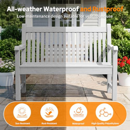 2-Person Outdoor Bench with 700 Lbs Weight Capacity, White | Poly Lumber Weatherproof Garden Bench Seating for Porch, Balcony and Park, All-Weather Patio Bench Furniture - color: White