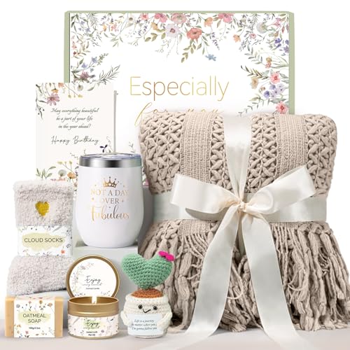 Birthday Gifts for Women, Happy Birthday Gifts for Mom Self Care Package Get Well Soon Gift Baskets, Thinking of You Spa Gift Basket with Knit Blanket Tumbler, Unique Gift Set for Mom, Wife, Friends - color: Khaki