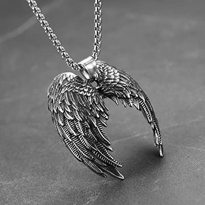 HZMAN Angel Wing Necklace for Men Women Stainless Steel Gothic Punk Angel Wing Cross/Angel Pendant Faith Amulet Jewelry Gift - color: Angel Wing