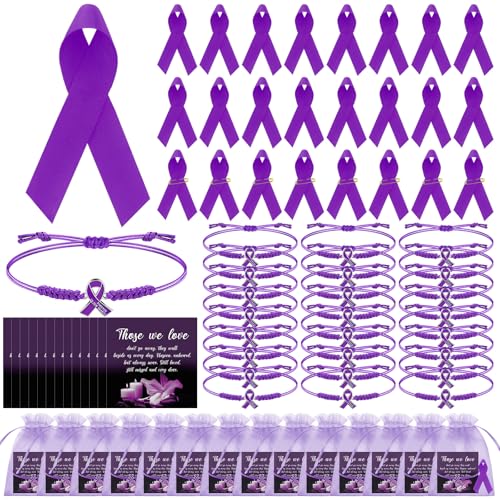 Liliaafar 24 Set Funeral Favors for Guests Funeral Bracelet Purple Ribbon Pins with Memorial Cards for Memorial Celebration of Life Favors Keepsake Gifts Sympathy Remembrance Event Supplies - color: Purple