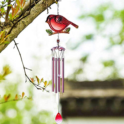 Evealyn Outdoor Red Cardinal Bird Wind Chimes, Indoor Stained Glass Metal Tubes Music Beautiful Windchimes Hanging for Room,Balcony,Window, Garden,Yard, Patio,Lawn Creative Home Decoration (Red)