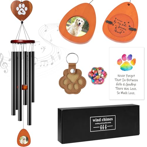 Dog Memorial Wind Chimes - 36'' Pet Memorial Gift with Wooden Base, Pawprint Ornament & Keychain, Sympathy Bereavement Gift for Loss of Pet, Remembrance for Garden Patio