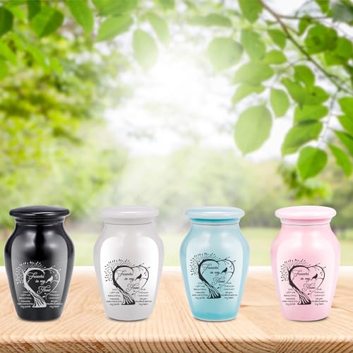 4PCS Ceramic Urns for Ashes, Small Memorial Keepsake Set, Tree of Life | Handcrafted Ceramic, Secure Lid, Compact 2.75" Size, Sharing Set, Filling Spoon & Presentation Box Included