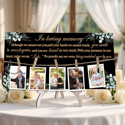 Rustic Wood Memory Table Sign 16 x 8 Inch, In Loving Memory Wedding Sign with Clips, Rustic Wedding Decor for Ceremony and Reception Wooden Memorial Picture Board to Honor Souls-A11 - color: black-Eucalyptus