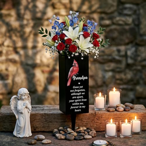 Hushee Grandpa Memorial Cardinal Grave Decor Metal Cemetery Flower Vase | Gravesite Flower Holder with Spike, Funeral Flower Vase Grave for Loss of Loved One, Cemetery Outdoors Yard Garde Decoration - style: Grandpa