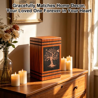Wooden Cremation Urns for Human Ashes Adult Man Woman, Decorative Urns for Ashes Adult Male Female with Satin Bag, Large Burial Funeral Urn Box Holds 300 Cubic Inches (Tree of Life)