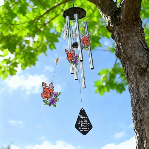 YU FENG Butterfly Memorial Wind Chime, Crystal Suncatcher Outdoor Decor | 34 Inch Metal Wind Chime, Butterfly Design, Sympathy Bereavement Gift, Garden Yard Patio Hanging Decoration - style: Autumn Garden – Butterfly – 34 Inch