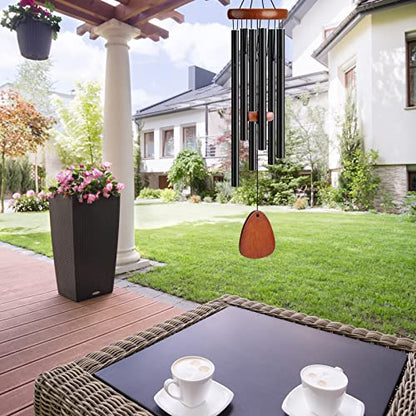 Wind Chimes for Outside Large Outdoor - Memorial Wind Chime Large Deep Tone, Wooden Black Aluminum Chime with 6 Tuned Tubes, Great as a Gift for Home Decor, Patio, Garden and Backyard