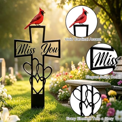 2 Pcs Metal Cemetery Memorial Plaque for Remembrance,Metal Cemetery Plaque with Cross & "Miss You" Heart,Cardinals Memorial Grave Markers,Outdoor Ground Stake for Cemetery, Garden,Memorial Tribute 6x12 Inch