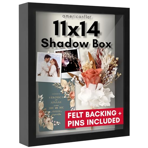 Americanflat 11x14 Shadow Box Frame with Shatter-Resistant Glass - Silhouette Collection - Large Shadow Box Display Case for Tabletop and Wall Display - Black with Soft Felt Back | Shatter-resistant glass, 1.5 inch interior depth, hangs vertical or horizo