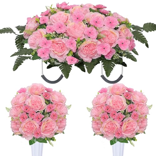 Grave Decorations for Cemetery Headstone Flower Saddle 2PC Artificial Peony Flowers with Vases for Cemetery Decorations (Pink) - color: Pink