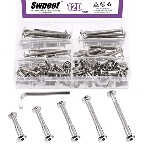 Swpeet 120Pcs M6x35mm/45mm/55mm/65mm/75mm Nickel Plated Sliver Hex Drive Socket Cap Bolts Barrel Nuts Kit with 1Pcs Allen Wrench, Screw Post Fit for Furniture Countsunk Belt Leather Binding Bolts - size: 35mm-75mm Assortment Kit