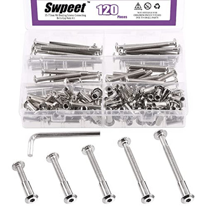 Swpeet 120Pcs M6x35mm/45mm/55mm/65mm/75mm Nickel Plated Sliver Hex Drive Socket Cap Bolts Barrel Nuts Kit with 1Pcs Allen Wrench, Screw Post Fit for Furniture Countsunk Belt Leather Binding Bolts - size: 35mm-75mm Assortment Kit